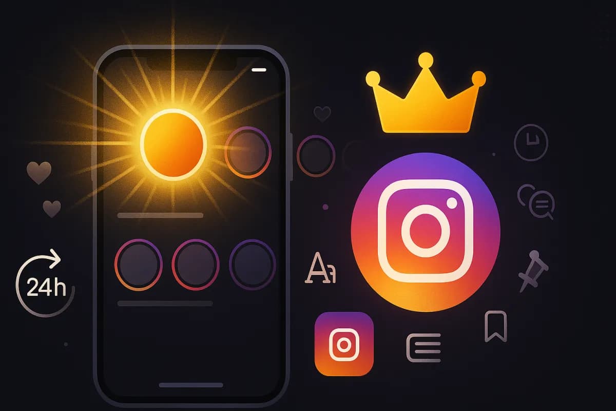 Instagram Plus abonnement $3,99/maand gelanceerd op 4 juni 2026 — story spotlight met gouden premium aura, story 48u, rewatch insights, anonieme weergave, editorial dark design met Instagram-gradient en premium goudaccenten