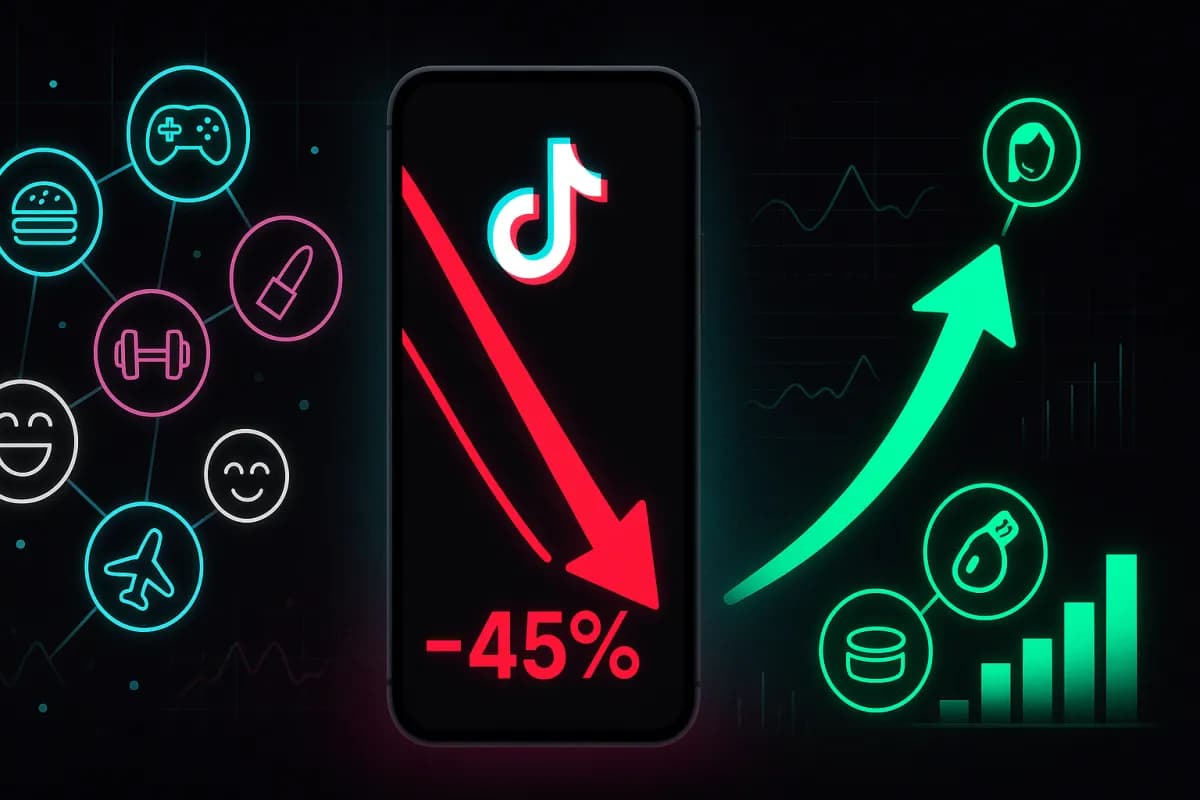 TikTok cross-niche straf -45%: visualisatie van de bereikdaling voor multi-onderwerp accounts vs groei van mono-niche accounts, TikTok-palet zwart/cyaan/magenta met rode alarmaccenten en groene groeiaccenten