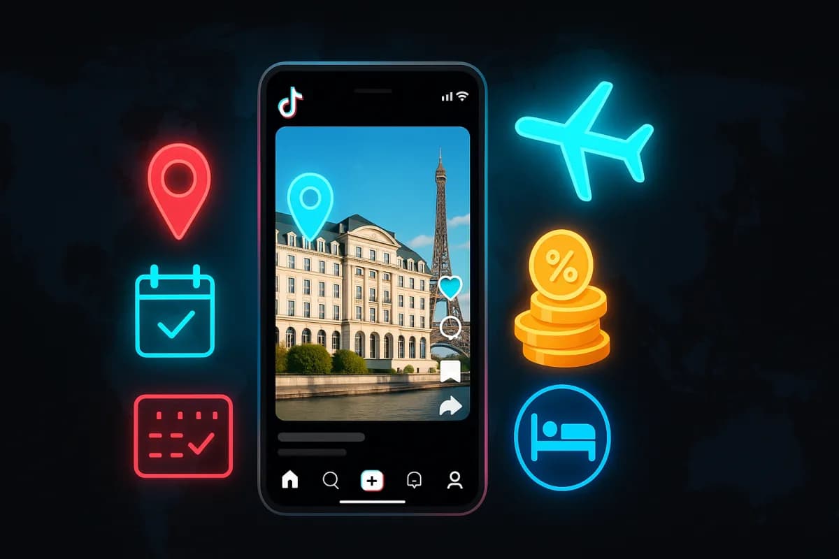 TikTok GO affiliate reisprogramma 2026 — TikTok Reel met hotel-, ticket- en activiteitentags en commissies van Booking/Expedia/Viator/GetYourGuide, palet zwart/cyaan/magenta met goudaccenten voor monetisatie