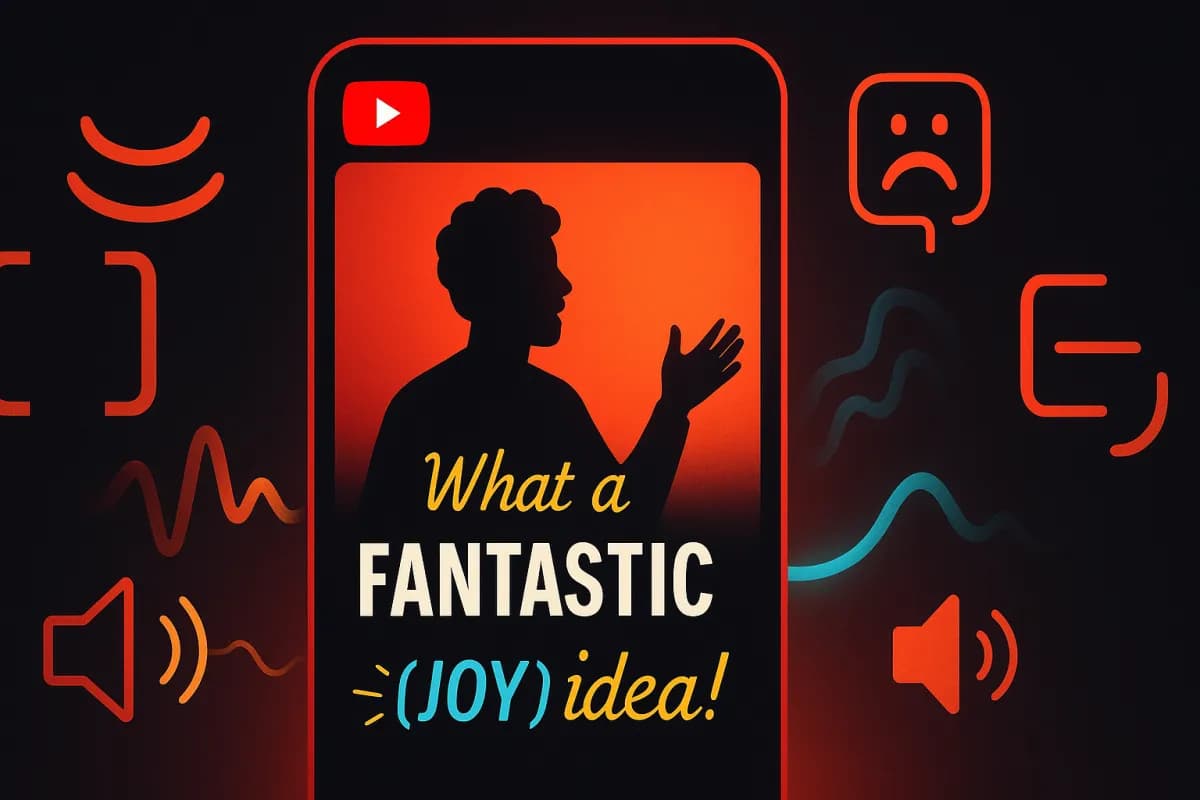 YouTube Expressive Captions AI — emotionele ondertitels met tags [joy] [sadness] [sarcasm], hoofdletters voor geroep, rekkingen voor nadruk, soundscape-annotaties, dark editorial design met rode YouTube-accenten en cyaan/geel AI