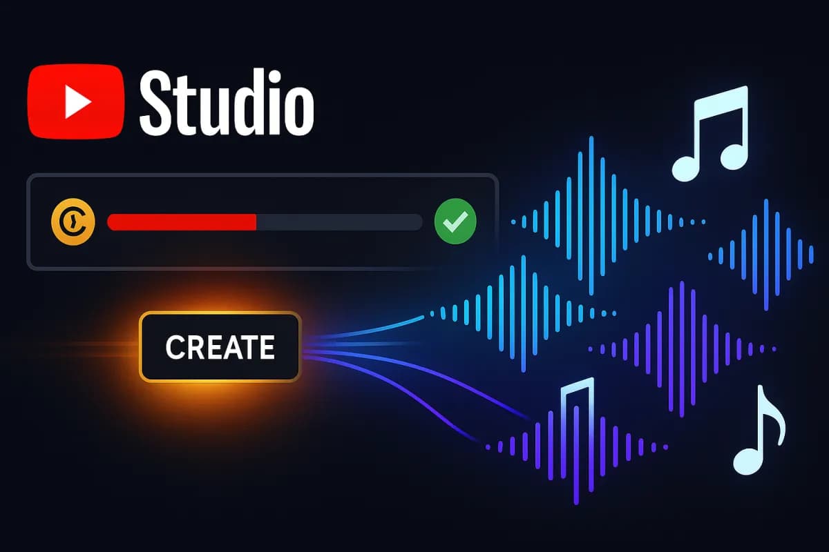 YouTube Replace Song AI — Create-knop in YouTube Studio die 4 royaltyvrije instrumentals genereert om een Content ID-claim op te lossen, redactioneel donker ontwerp met rode YouTube-accenten en cyaan/violet AI-accenten